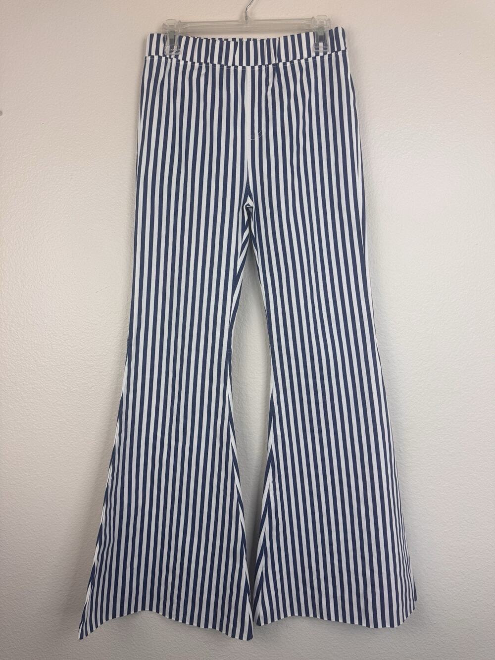 NWT Umgee Striped Stretch Cotton Blend Flare Leg Bellbottom Pants Blue White M